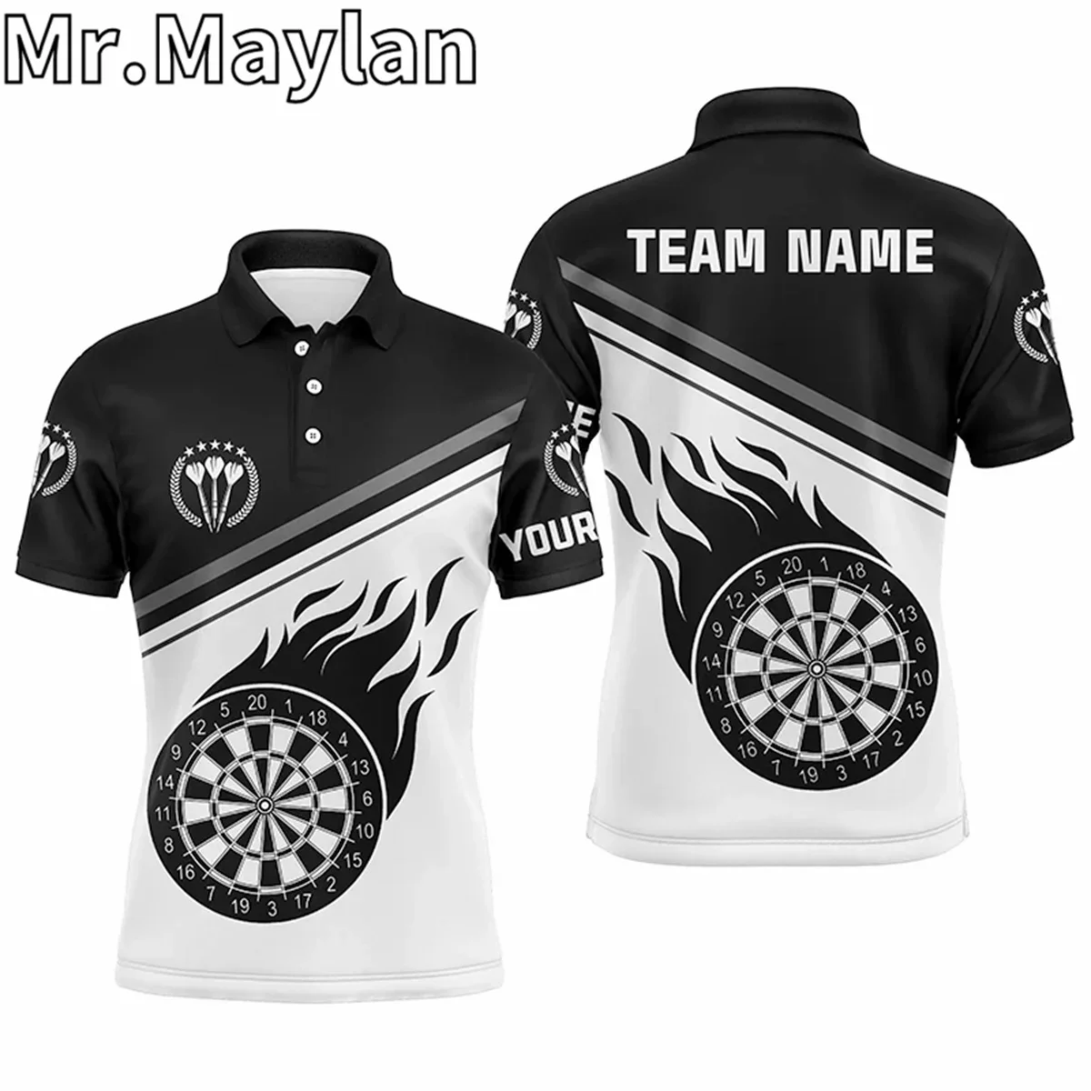 

3D Black White Flame Darts Mens Polo Shirts With Name Custom Darts Shirt For Men Dart Jerseys Gifts For Darts Lovers Unisex Tops