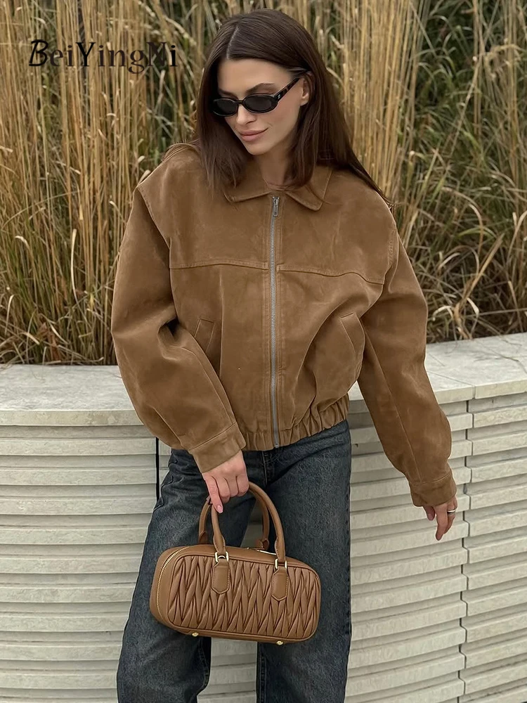 

Beiyingni, осенне-зимние женские куртки, повседневные замшевые пальто в английском стиле BF для женщин, винтажная модная верхняя одежда цвета хаки, топы