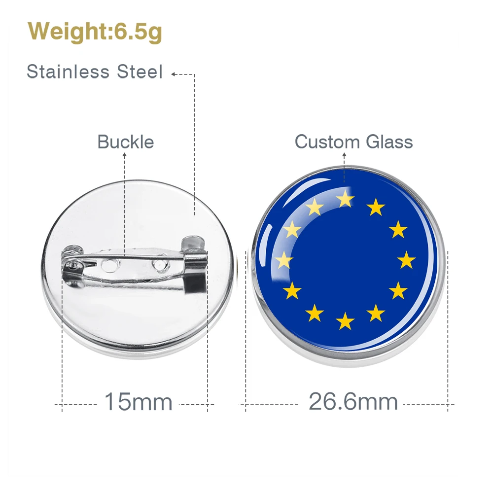 EU Country National Flag Pin Brooch Glass Dome Metal Pins Spain Poland Germany France Flags Brooches for Women Men Jewelry Gift