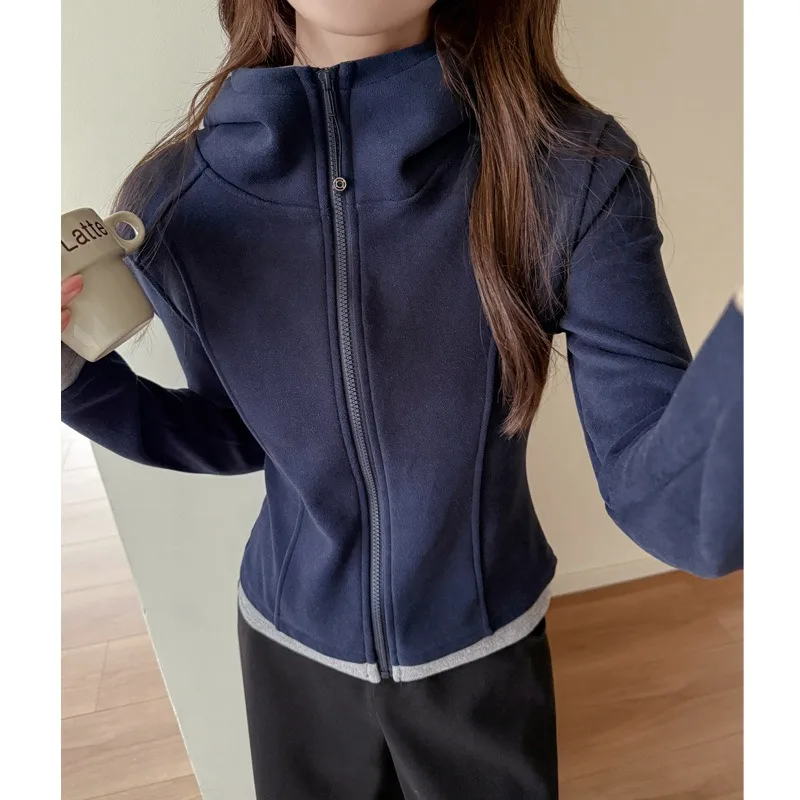 Women Color Block Hooded Fleece Jacket Autumn Winter Slim Waist Zip Up Cardigan Stylish Outerwear