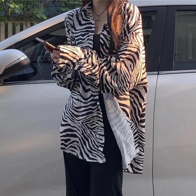 Spring Summer Streetwear Polo-neck Zebra Print Loose Casual Shirt Top Women Long Sleeve Buttons Cardigan Blouse Female Clothes