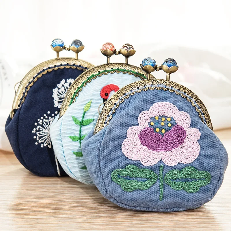 Embroidered Flowers Bird Coin Purse Wallet Mobile Phone Bags Kit Embroidered Wallet Crafts Handmade DIY Coin Purse Clutch Bags