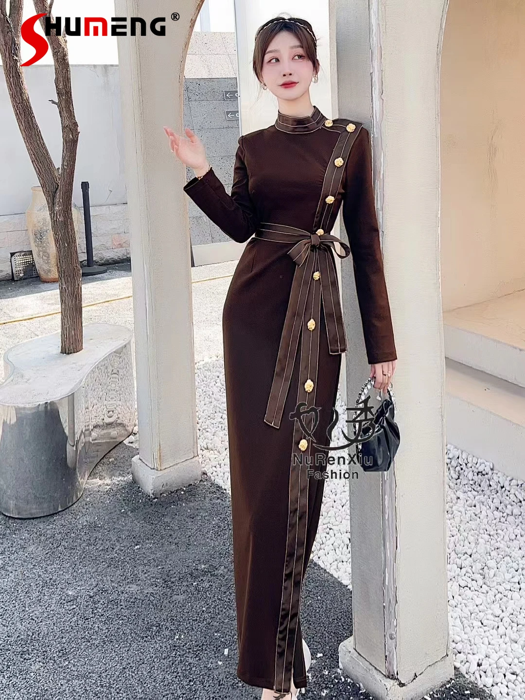 

Women's Velvet Dresses Winter Graceful Mature High-End Stand Collar Single-Breasted Slim Fit Slit Feminine Nice Long Dress