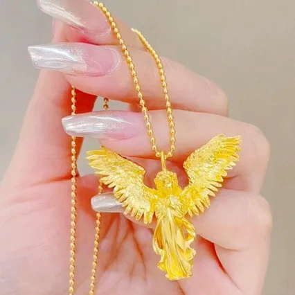 24K AU999 Gold Ancient - style Guardian Angel Pendant Necklace, Ideal Gift for Girlfriend