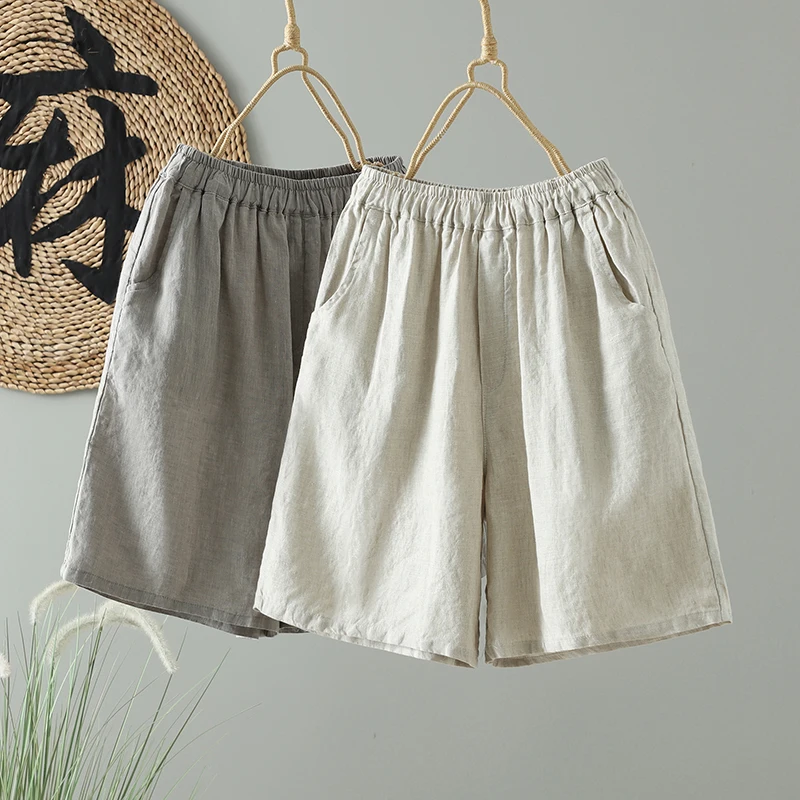 Décontracté lin femmes orts été nouveau taille élastique ample jambe droite pantalon mince modèle quatrième taille élastique taille haute