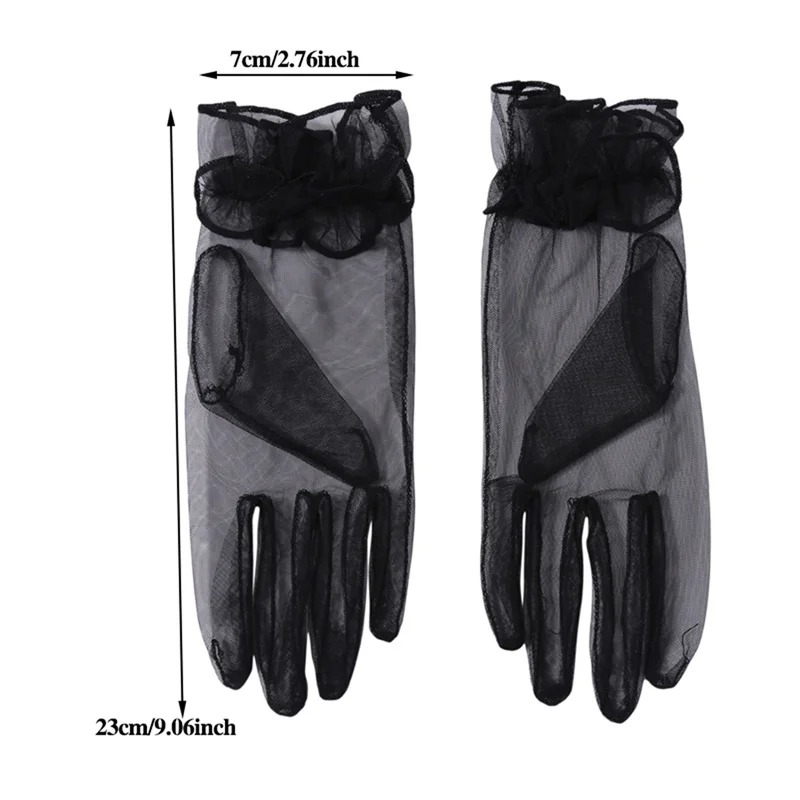 1 Pairs Women Gloves Lace Full Finger Gloves Short Tulle Gloves Etiquette Gloves Stretchy Lotus Leaf Sheers black Mittens