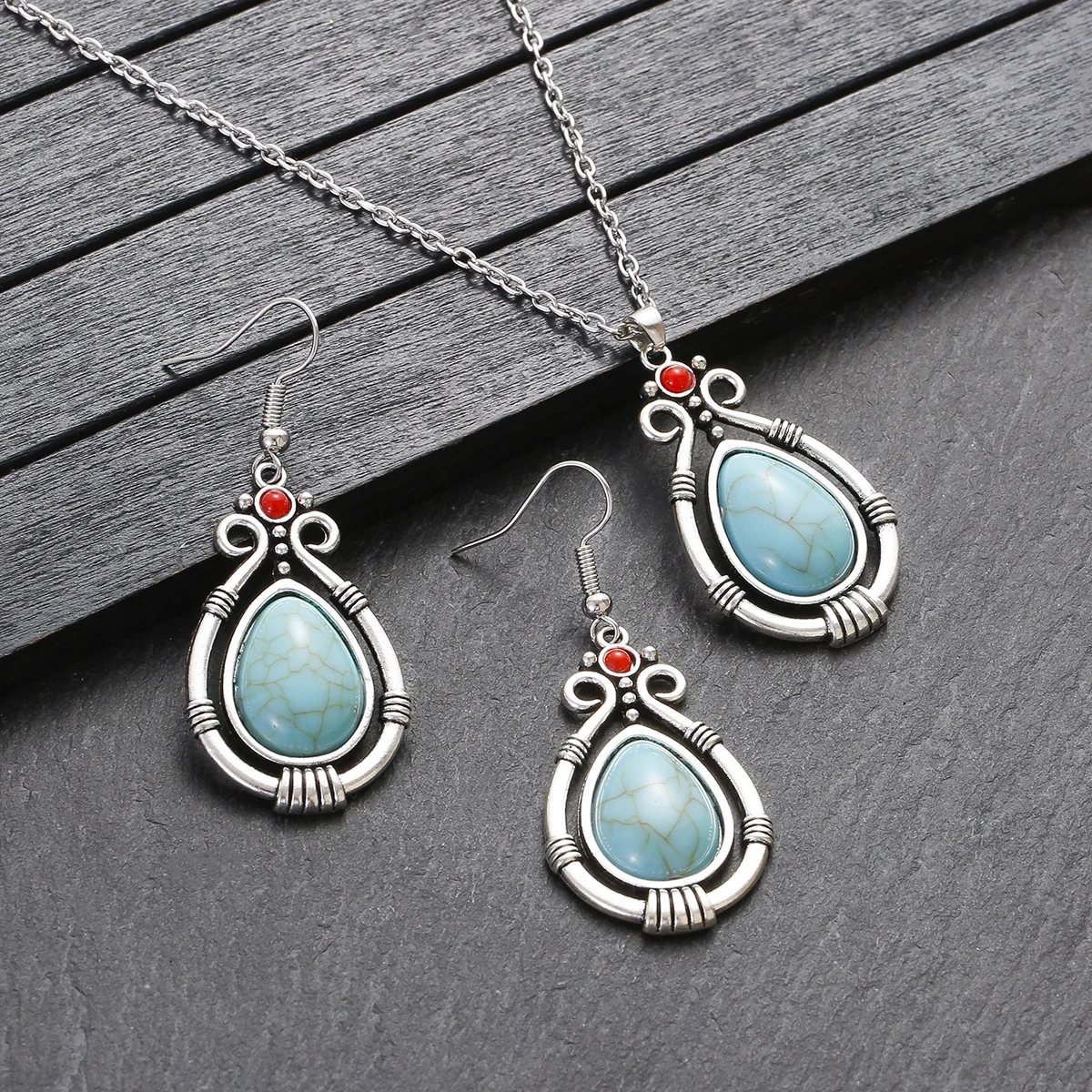 Ethnic Boho Water Drop Turquoises Stone Pendant Earring Set Vintage Silver Color Long Chain Necklace Sets Female Jewelry Bijoux