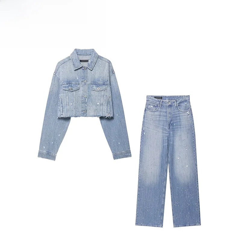 

Весенний новый комплект: женская джинсовая куртка ZR с декором из страз и модные прямые джинсы с высокой талией, короткий рукав, флип-воротник.