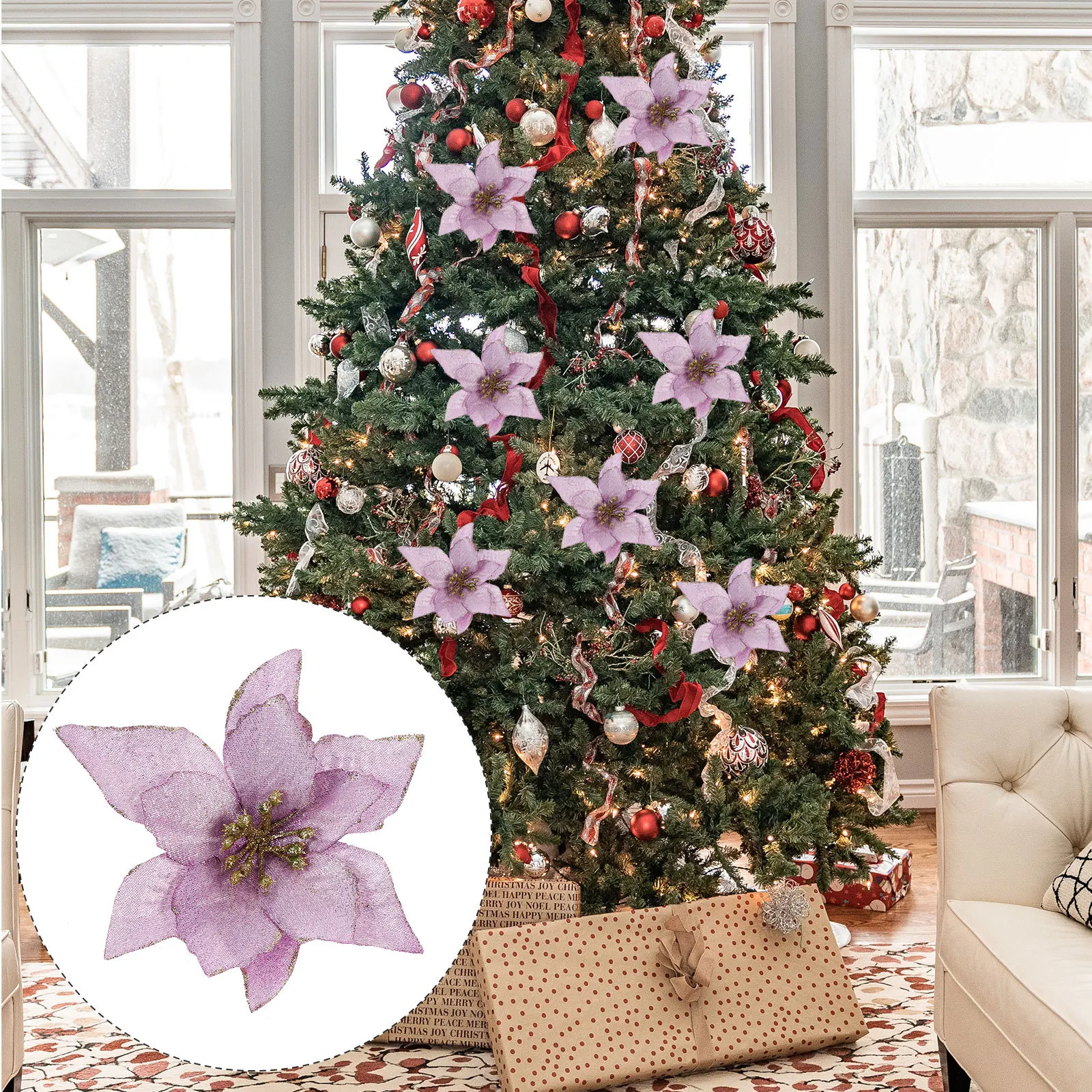 

6pcs Christmas Tree Flower Decors Small Simulated Plastic Diy Garland Artificial Flowers For Wedding Holiday Xmas Party