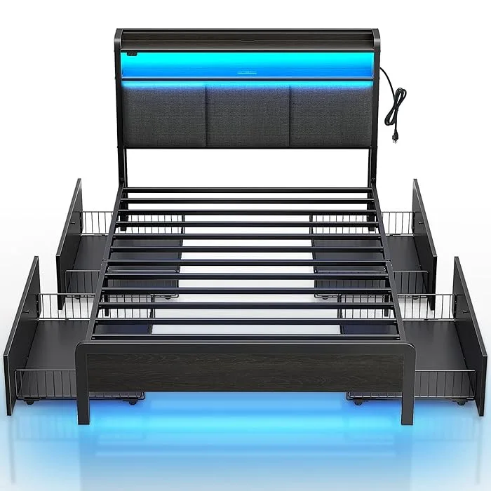 Steel and wood structure double bed with storage space induction light with master bed