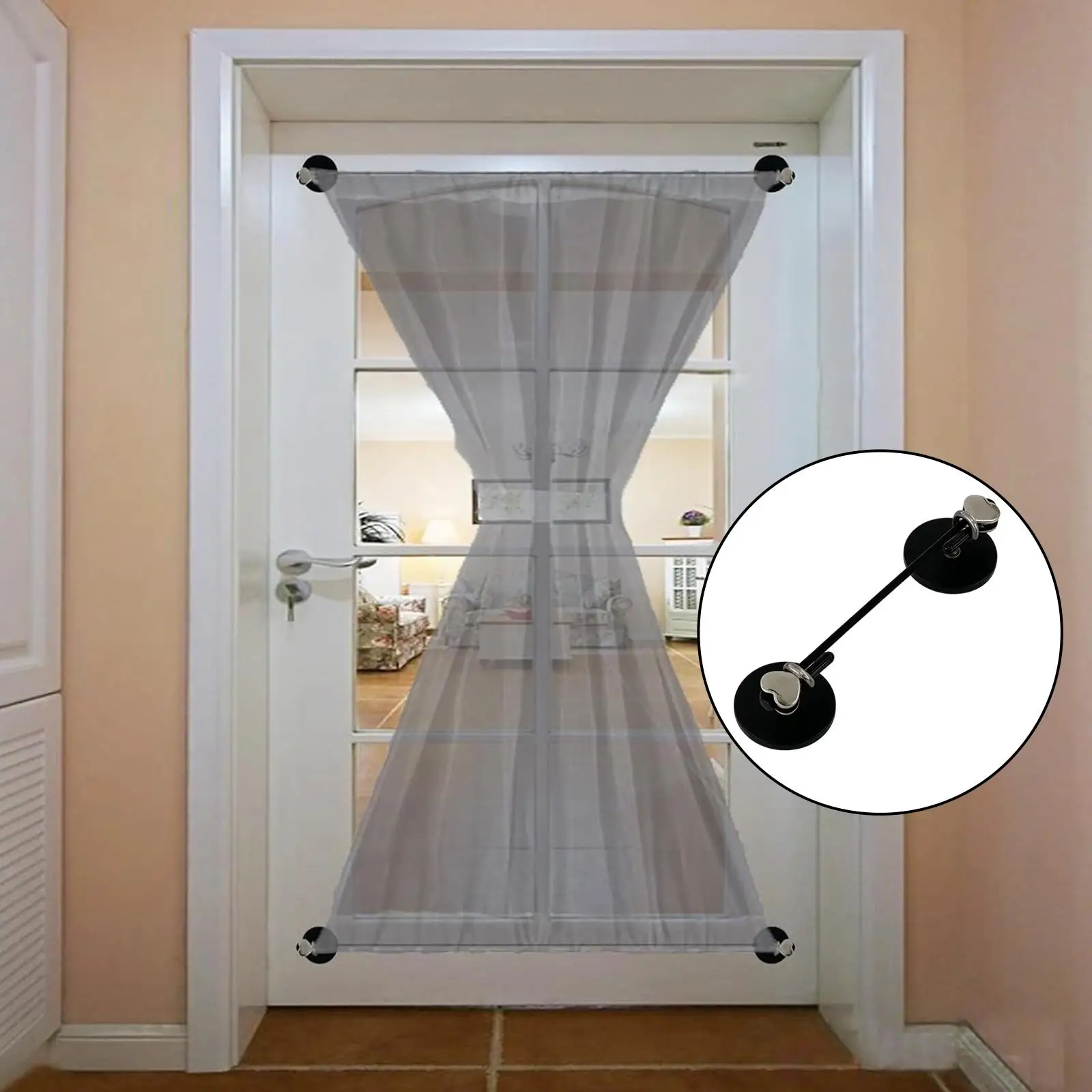 Curtain Bungee Cord Rod Metal Curtain Rail No Drill Support Bar Easy Install Portable Rack for Classroom Whiteboard Living Room