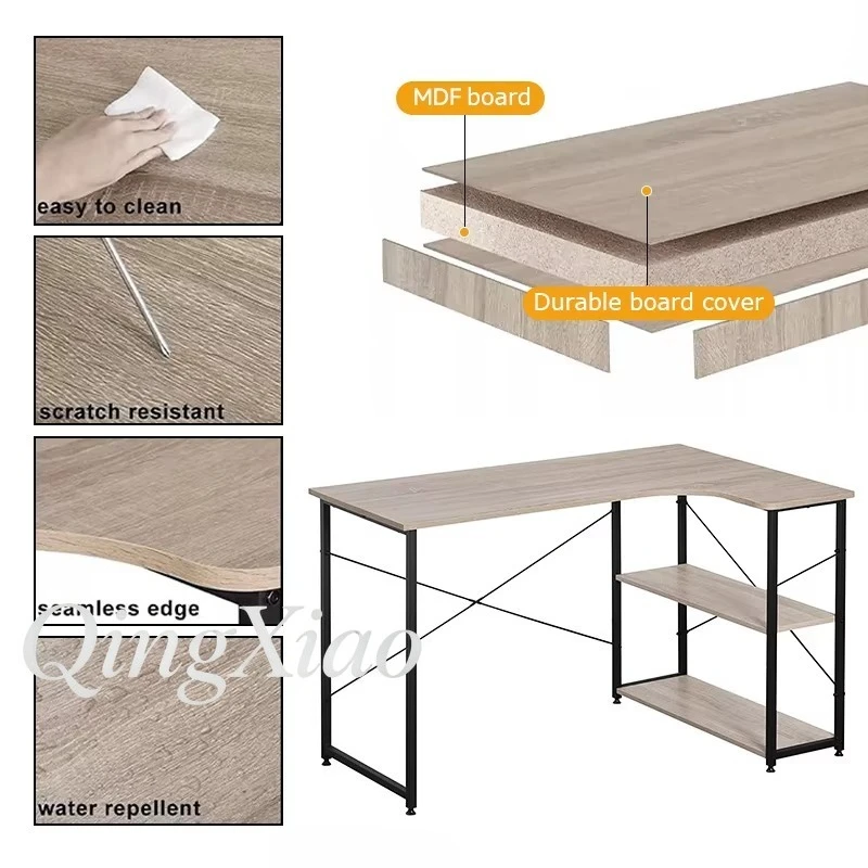 L Shaped Corner Desk With Bookshelf Integrated Wall Mounted Table Cabinet Wire Management Hole Drawer For Home Office Study Room view 3