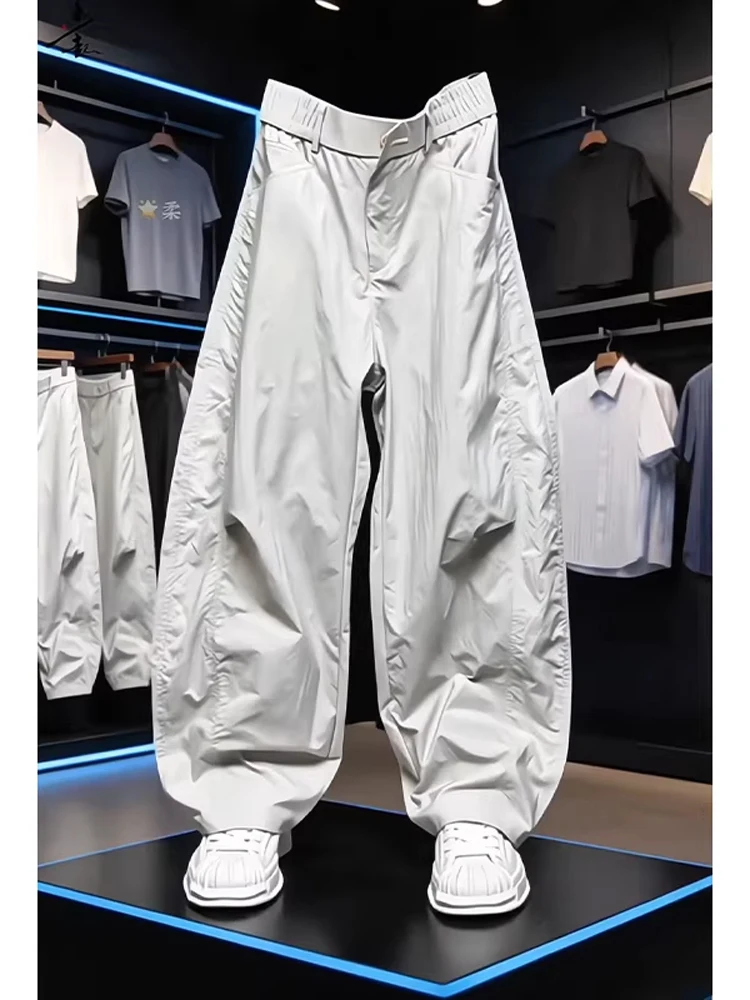 Gray American Folded Knife Pants Men's Summer Trendy Loose Wide Leg Pants Outdoor Functional Workwear Casual Pants