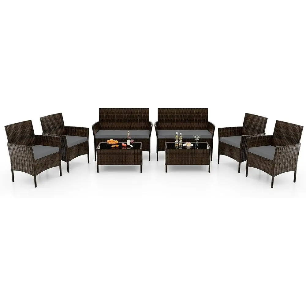 

8-Piece Rattan Outdoor Patio Furniture Set with Cushions, Glass Top Table, Wicker Chairs & Loveseat for Garden, Balcony (Grey)