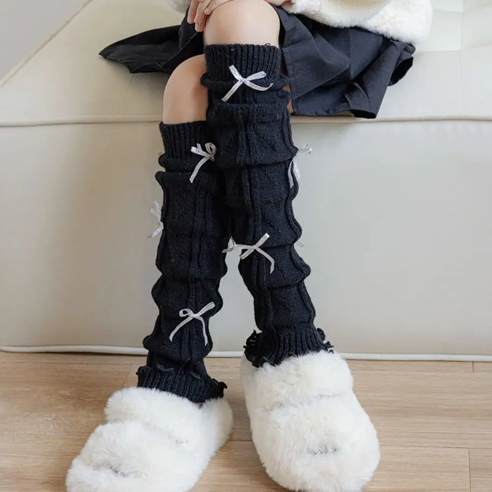 Sweet Solid Color Leg Warmers Knitted Lace Trim Foot Cover Bow Ribbon Ballet Style Lolita Style Socks Girls Fashion