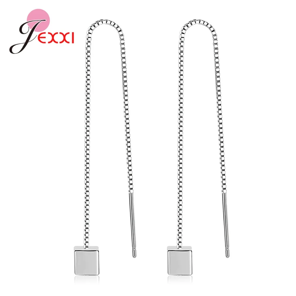 

925 Sterling Silver Square Geometry Long Women Earrings Wedding Anniversary Jewelry Oorbellen