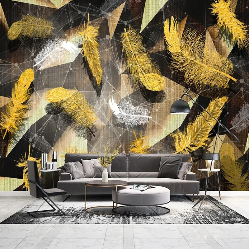 Nordic Mural Wallpaper Golden Feather Geometric Lines Art Wall Cloth Living Room TV Sofa Backdrop Home Decor Papel De Parede 3D