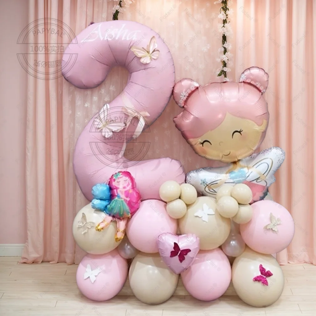 34 stücke Cartoon Blume Fee 40 Zoll Rosa Aluminium Modell Digitale Ballon Spalte Geburtstag Party Dekoration Hochzeit Liefert