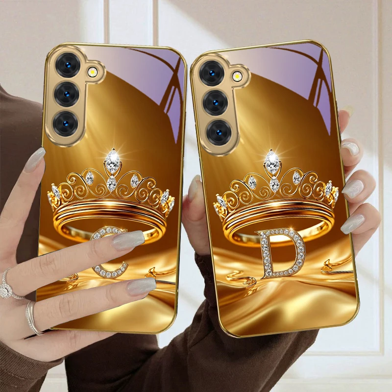 Golden Crown Ring Letter For Samsung Galaxy S26 S20 FE S21 Ultra S23 Plus S24 Ultra S25 S21+ S22Plus S26 Golden glass phone case