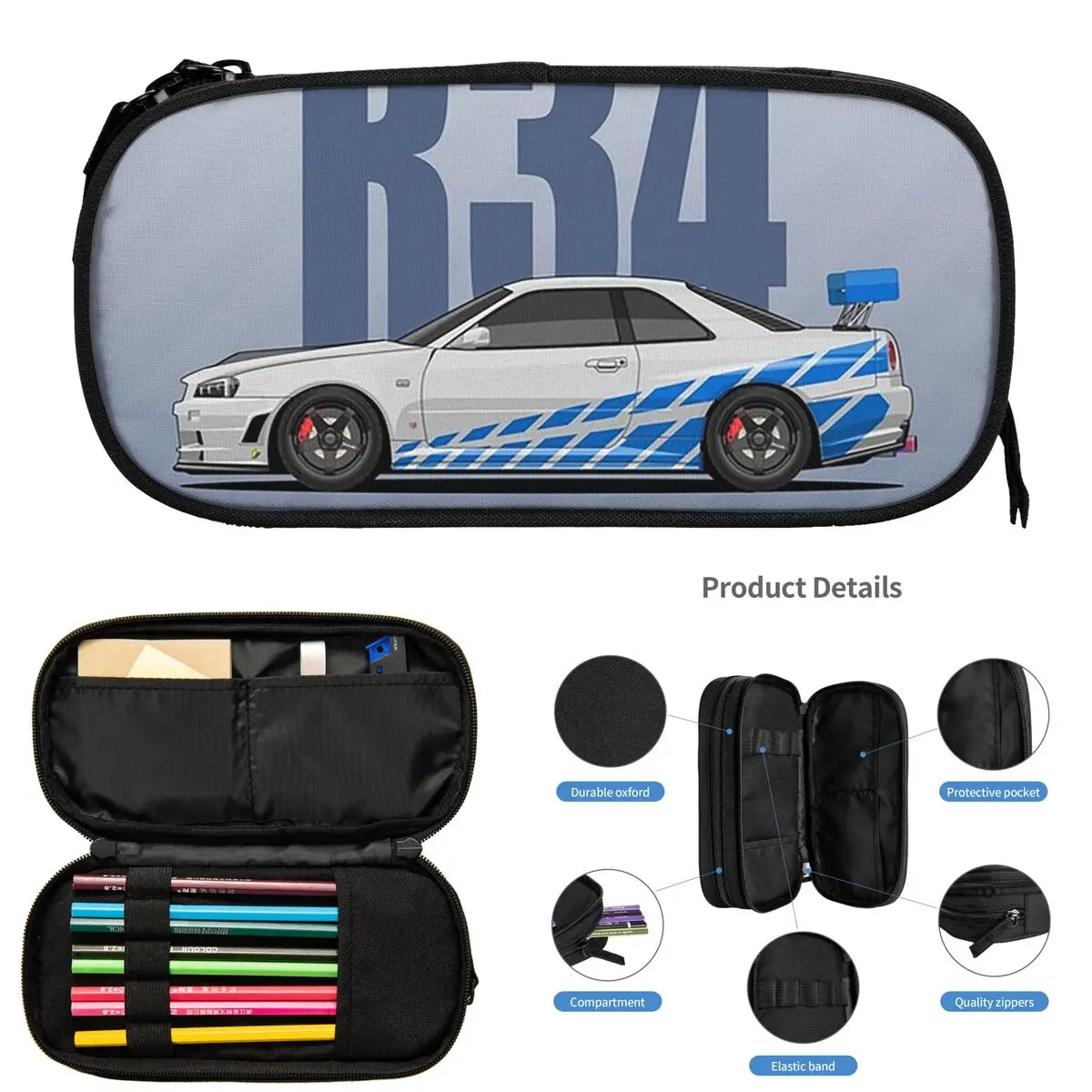 

Skyline GTR R34 Pencil Cases for Student School Pen Box Pencil Bag Big Capacity Pencil Pouch Storage Stationery Supplies