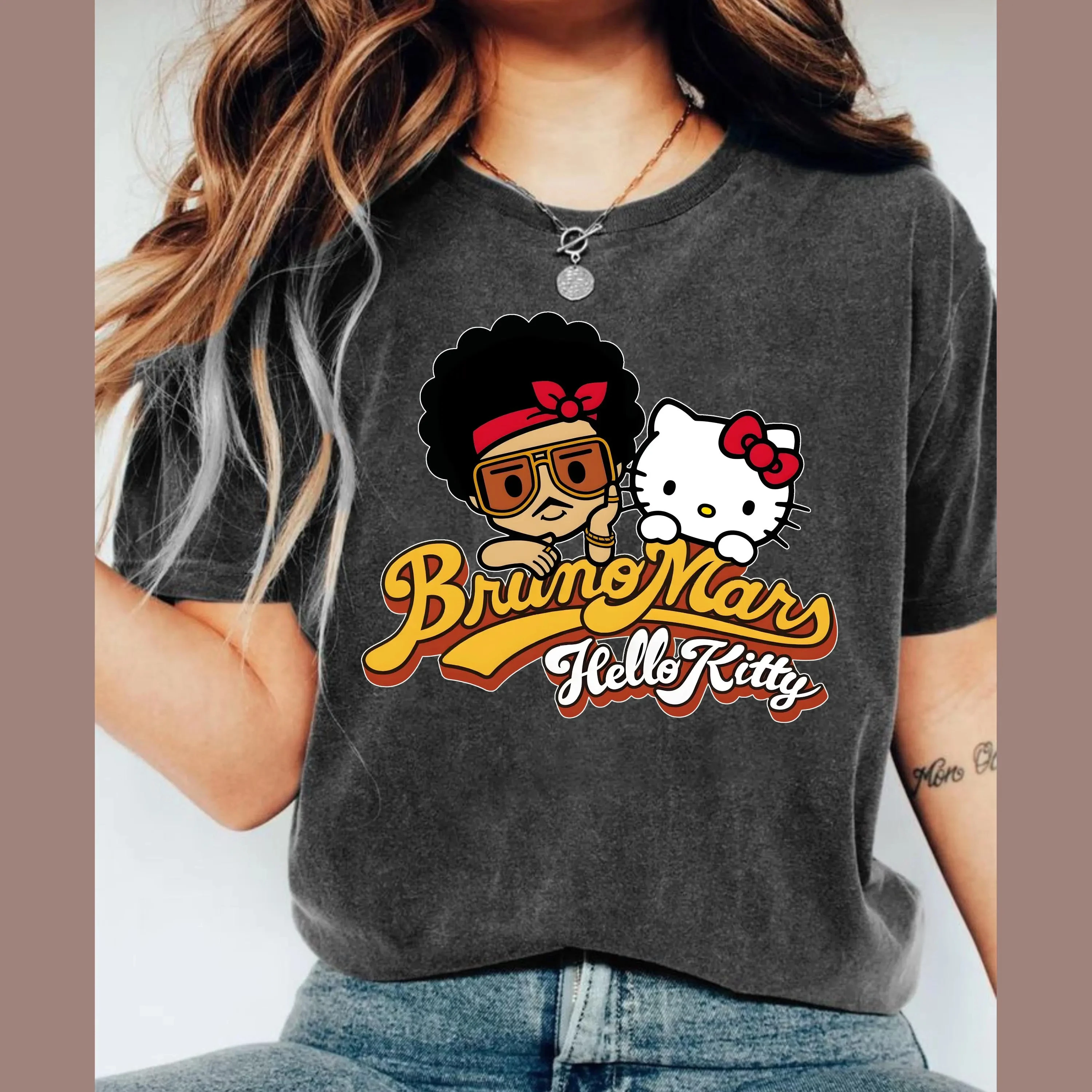 Bruno Mars Hello Kitty T-shirt, Retro 90s Kawaii Heart Graphic Tee, Unisex Short Sleeve Pop Fan Casual Streetwear Top