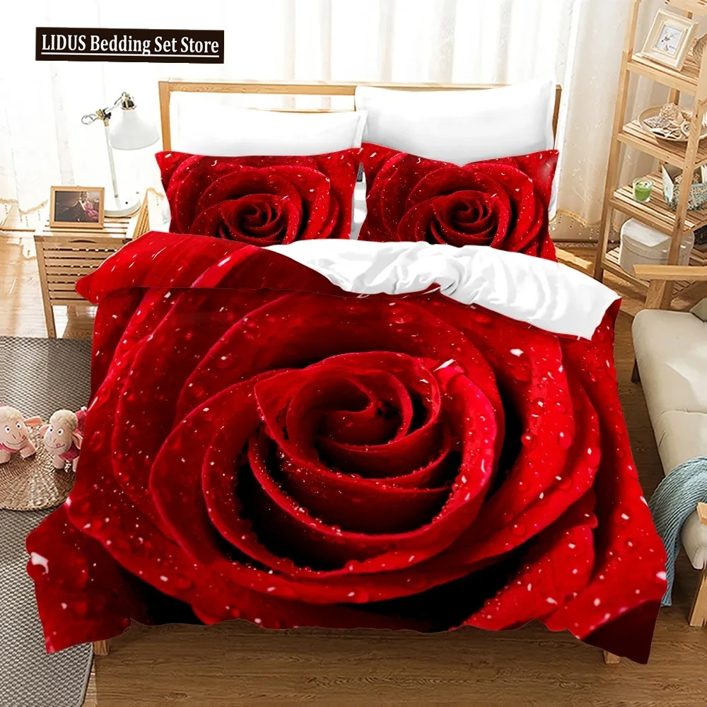 

Rose Polyester Duvet Cover Set King Full Size Red Blossom Flowers 3D Printed Romantic For Girls Women Couple Lover Bedding Set