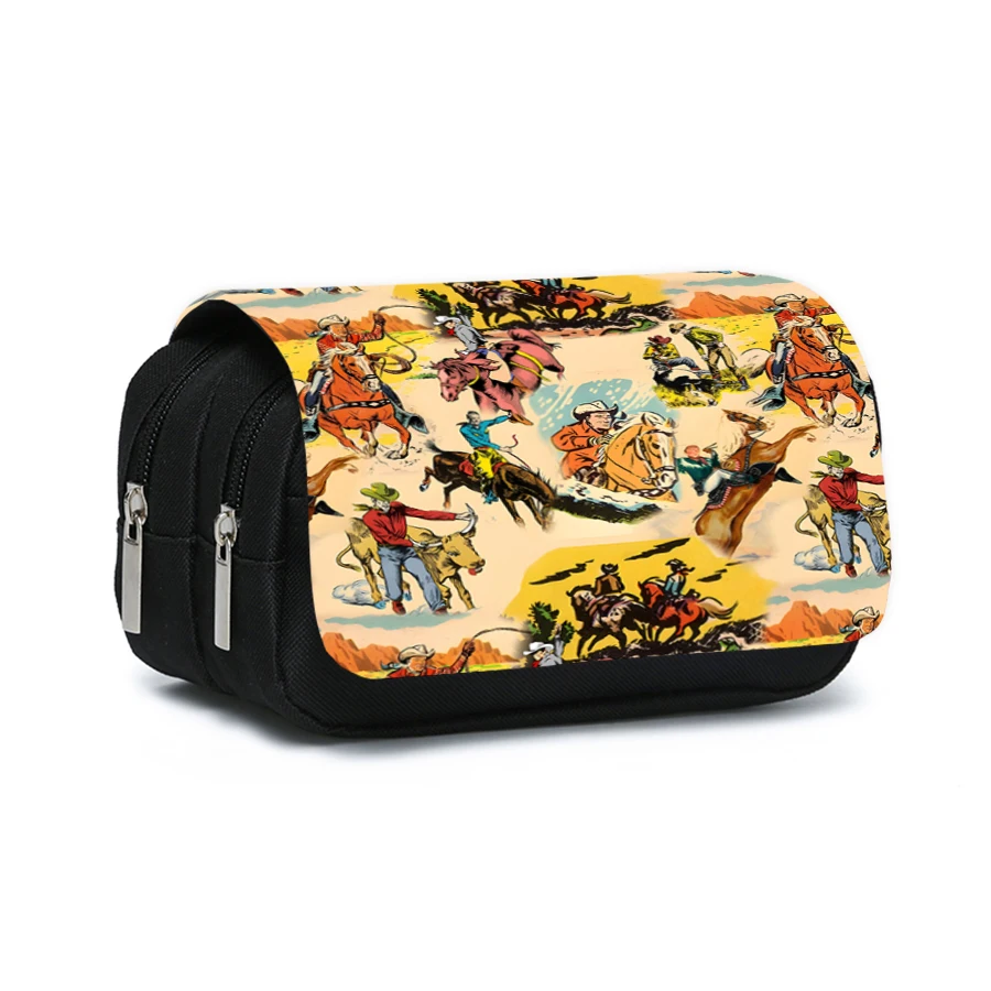 Doppellagiges Flip-Federmäppchen mit Cowboy- und Rindermuster für Jungen und Mädchen, beste Geschenke, 2D flaches Cartoon-Schulmäppchen für Kinder