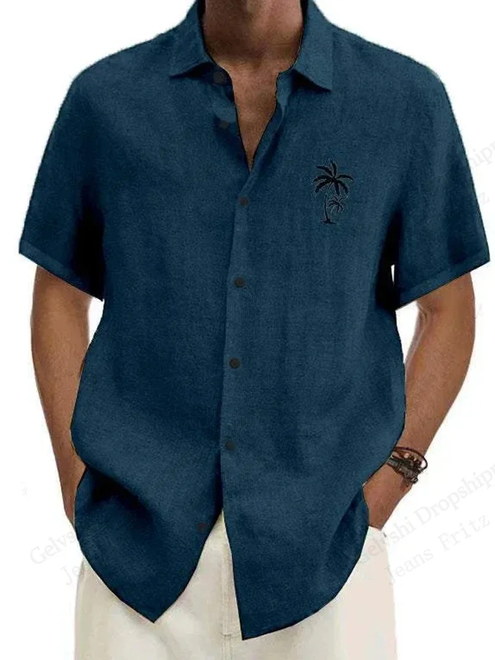 Men's Simple and Fashionable Coconut Tree 3D Printed Lapel Button Short-sleeved Shirt Loose Hawaiian Beach Casual Outdoor Top