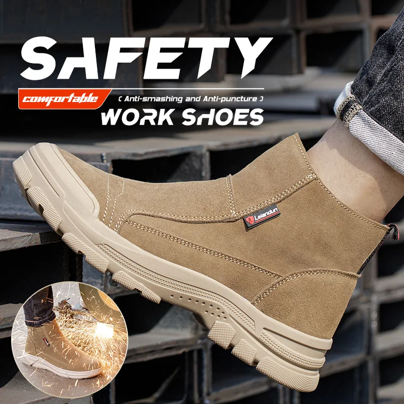 LEIANDUN Anti Smashing Steel Toe Safety Shoes, Breathable Suede Leather, All Season Welding Shoes, Wear-resistant Work Shoes