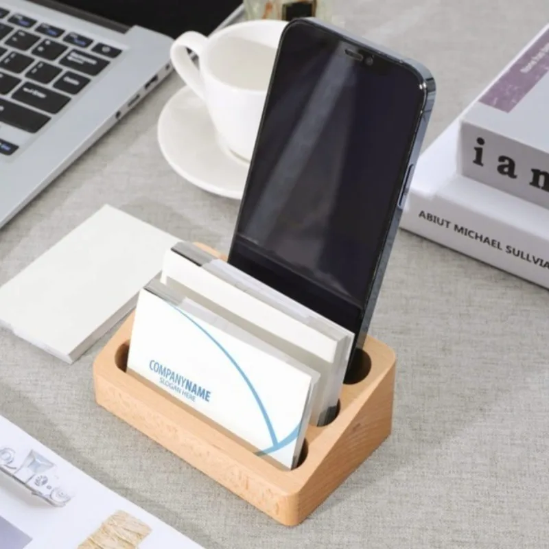1Pc Tabletop Cards Organizer Solid Wood Desk Organizer 3 Compartment Beechwood Business Card Holder & Name Card Display Stand