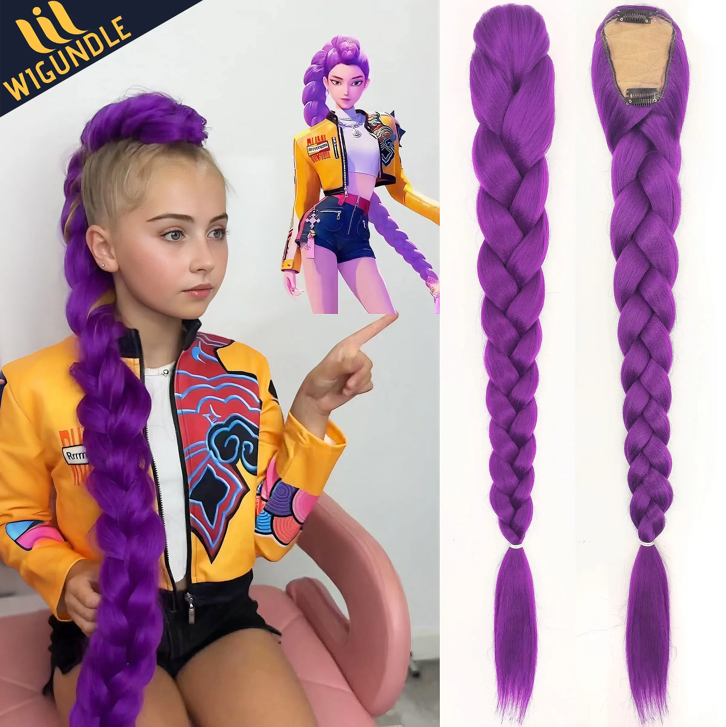Rumi Purple Ponytail Synthetic Braided Hair Costume Hairstyle 26inch Long Ponytail with Clips for Kids Girls Halloween Christmas