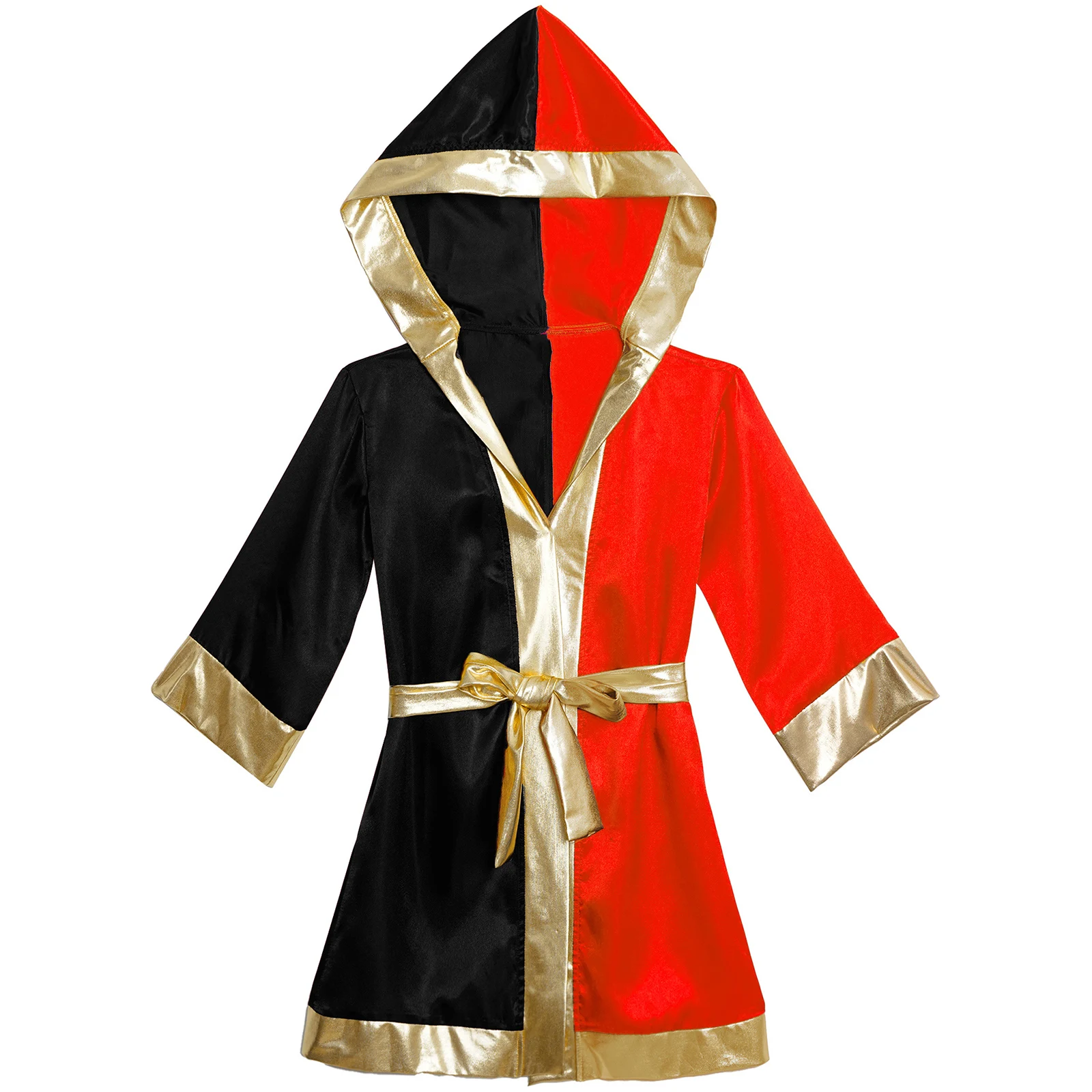 Boys Boxer Cosplay Costume Boxing Robe Long Sleeve Hooded Cloak Kickboxing Gown with Metallic Belt Boxing Match Performance Suit