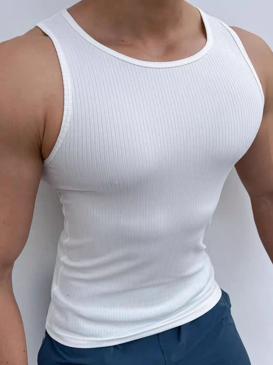 Grey Pure Cotton Knitted Slim Fit Sleeveless T-Shirt Men's American Elastic Thread Vest Training Fitness Shoulder Pad