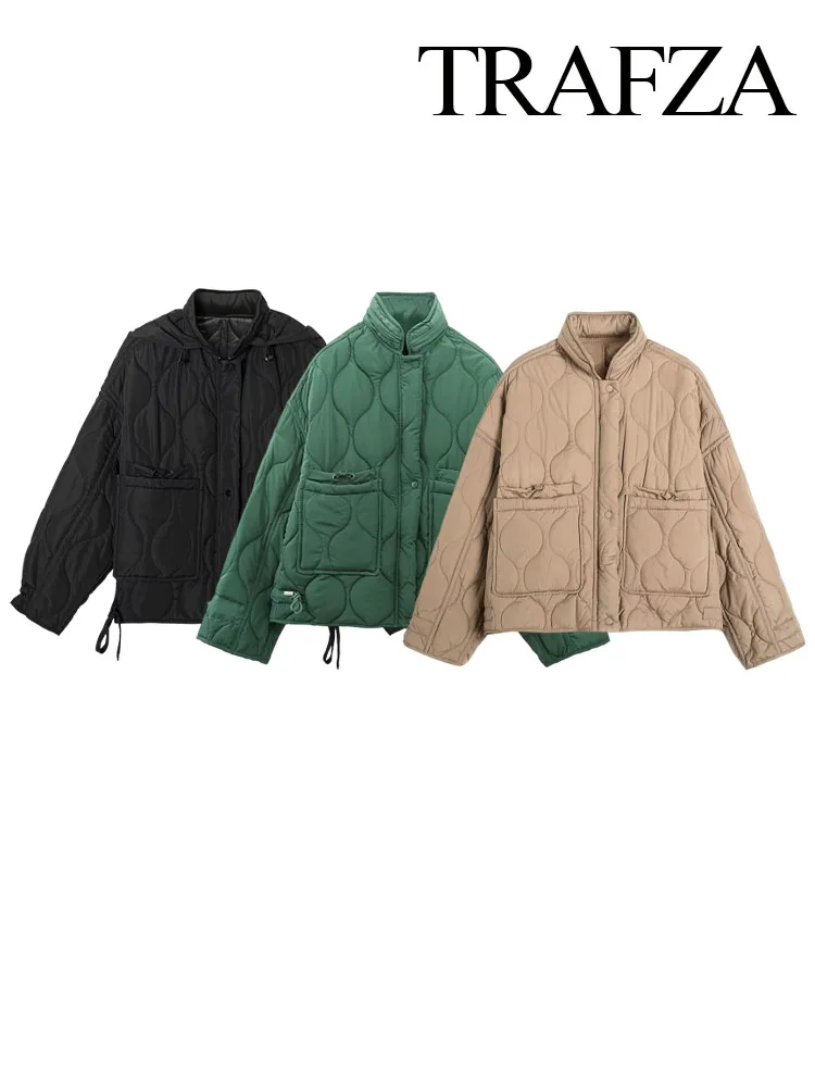 

TRAFZA Winter New Fashion Woman Cotton Coat Pocket Drawstring Vintage Solid Color Long Sleeve Zipper Female Outerwear Top Jacket