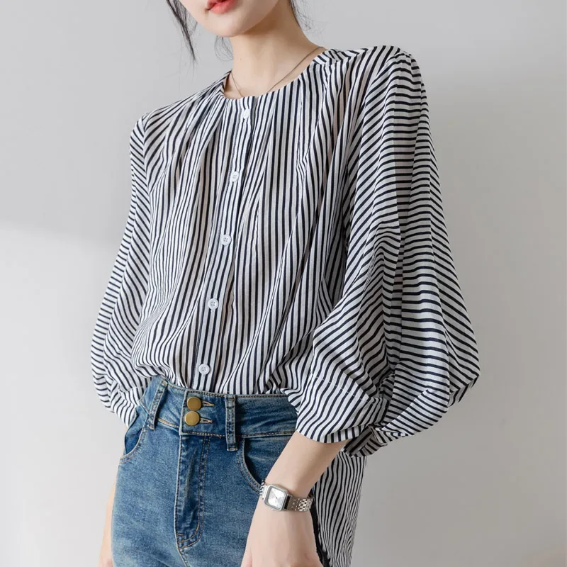 Stripes Vintage Women Blouses Spring/summer New Casual Women's Shirts Loose Korean Clothing Sales O-neck Chiffon Tops