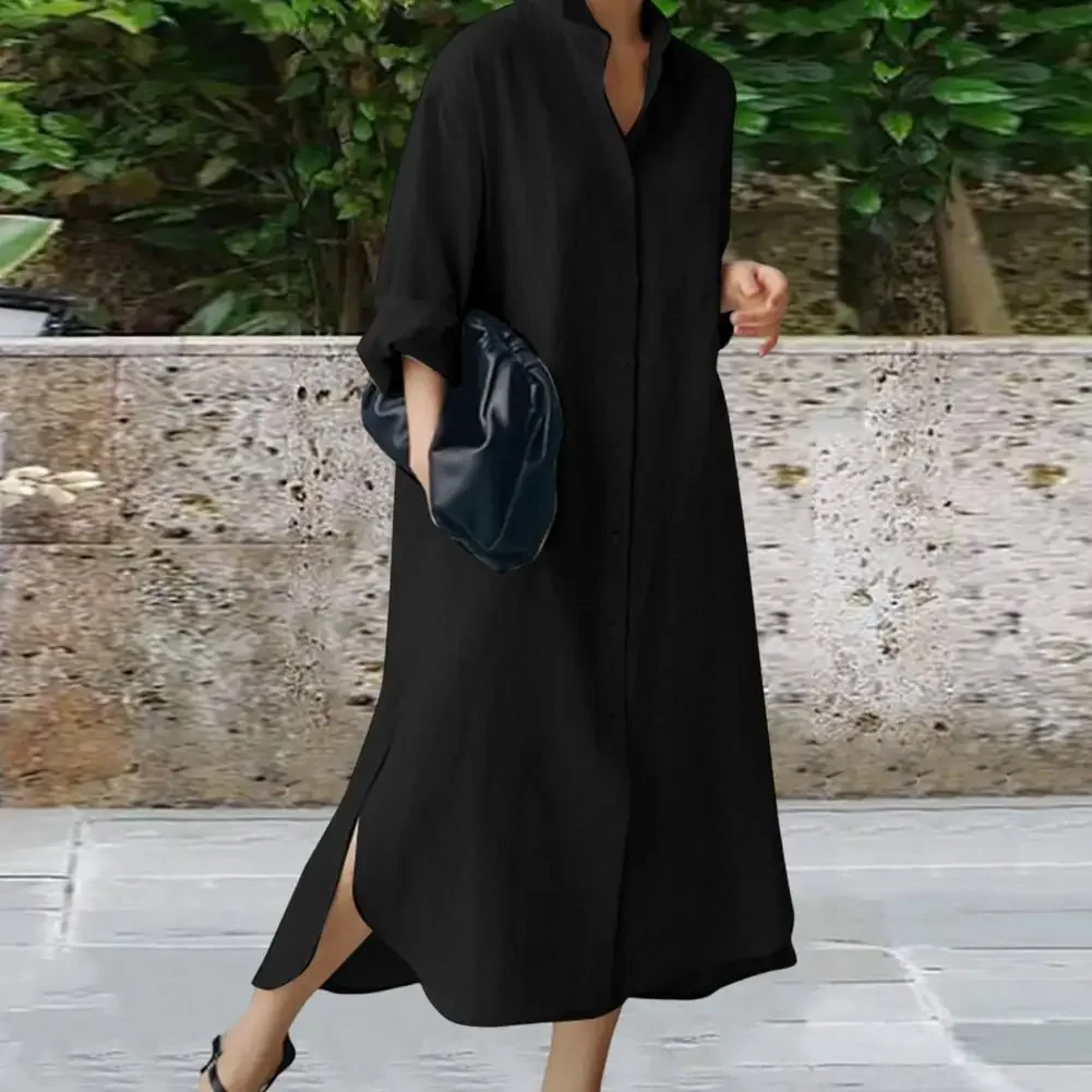 Loose Cut Maxi Dress Women Long Lapel Dress Stylish Women\'s Long Sleeve Maxi Shirt Dress with Irregular Split Hem Loose for Wear