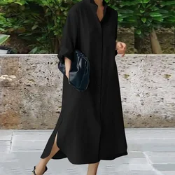 Loose Cut Maxi Dress Women Long Lapel Dress Stylish Women's Long Sleeve Maxi Shirt Dress with Irregular Split Hem Loose for Wear