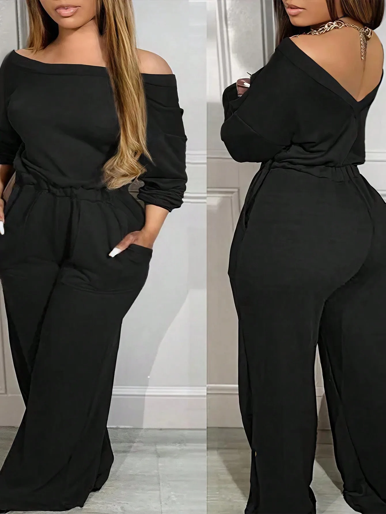 

Large-size solid-colored loose and elegant wide-leg jumpsuit