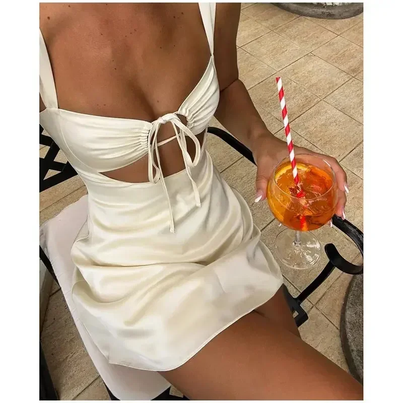 Ladies' Silk And Satin Elegant Sexy Slim Beautiful Backless Short Dress Summer Sleeveless Square Neck Ruffles Tiered Mini Dresse