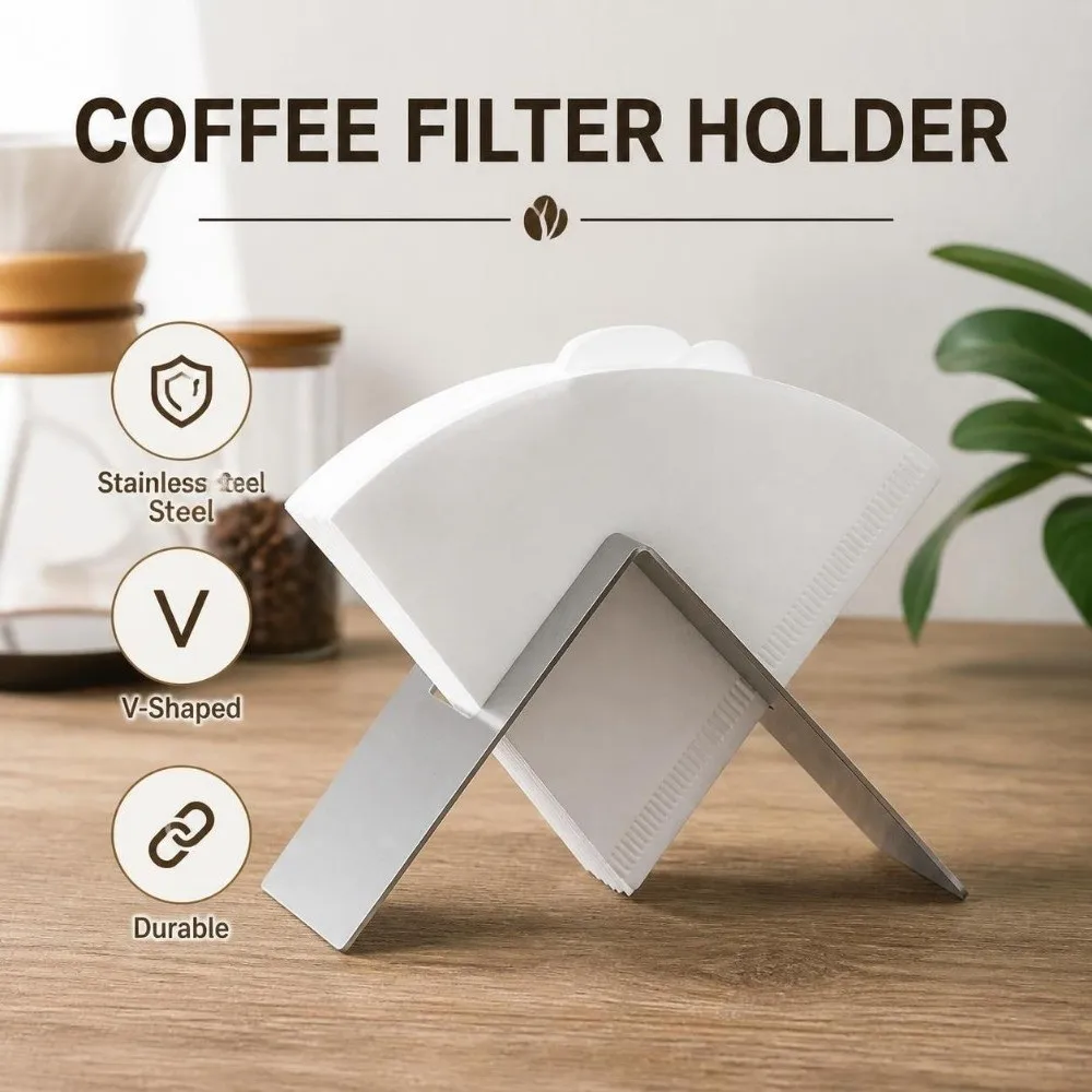 Stainless Steel Coffee Filter Holder V-Shaped Single/Double Slot Filter Paper Storage Rack Durable Fan-Shaped