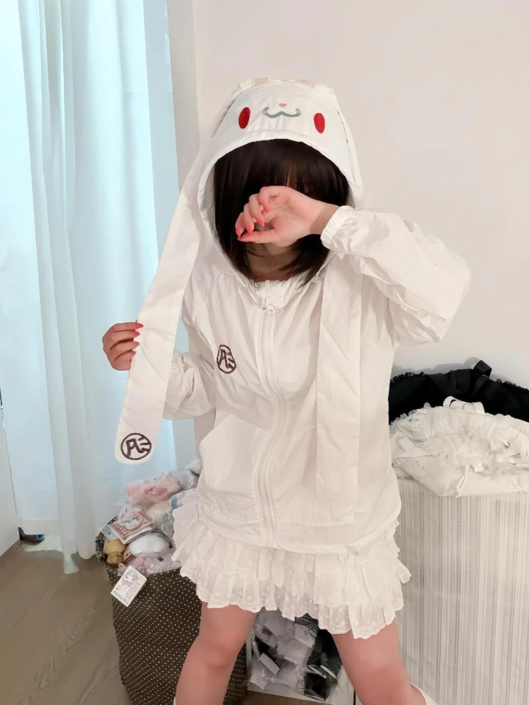 Kawaii Japanese Softgirl Bunny Ear Hooded Long Sleeve Sun Protection Jacket Women Embroidered Badge Loose Fit Thin Summer Daily - view 6