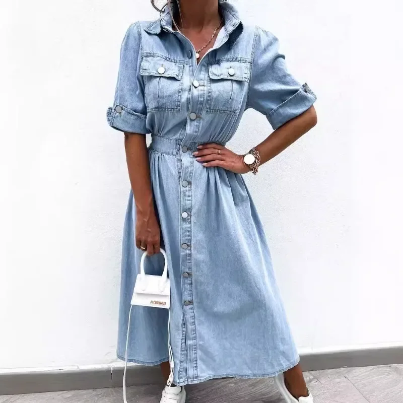 

Mandylandy Summer Denim Dress Women Washed Button Shirt Short Sleeve Denim Dresses High Waist Single Breasted Long Dress