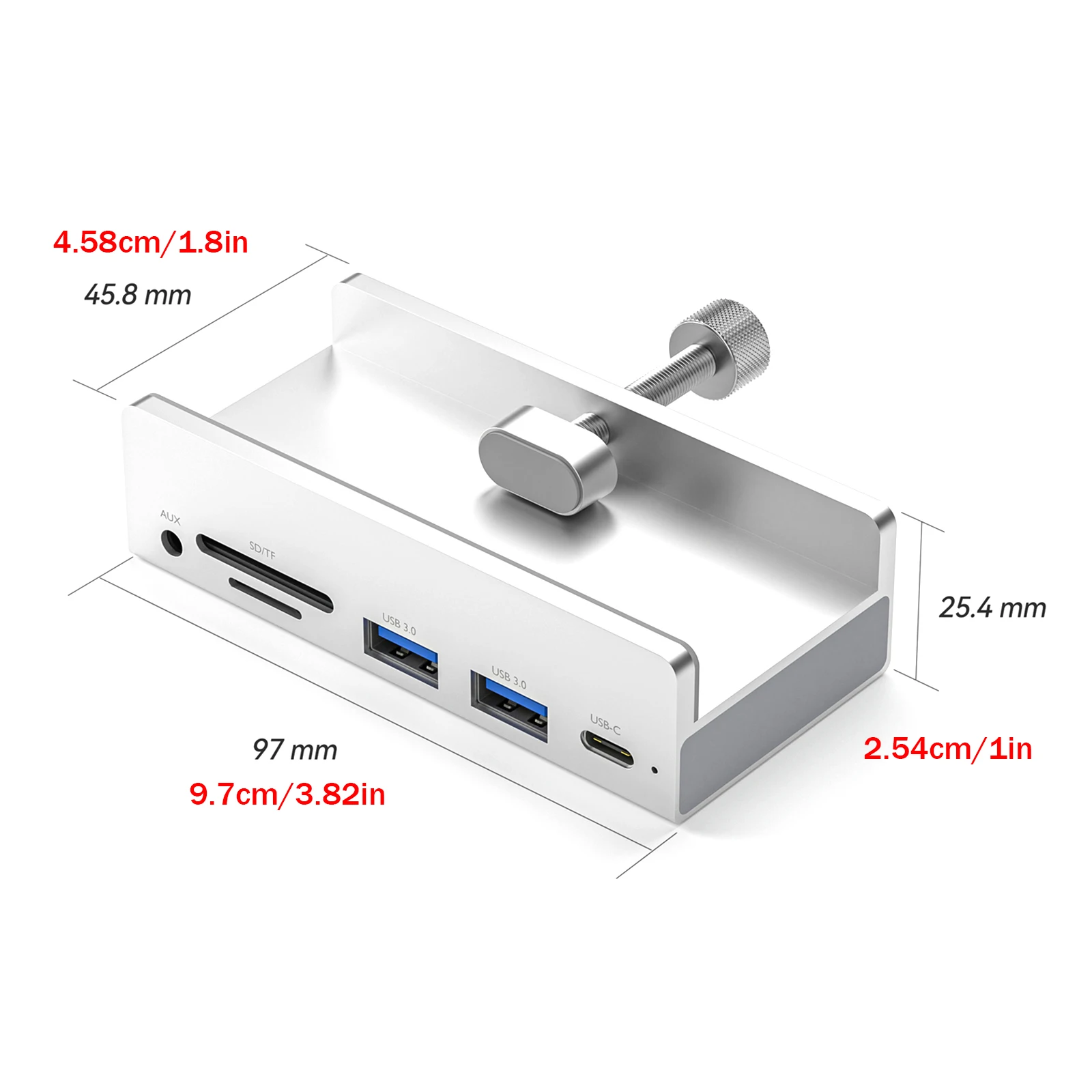 Aluminum Clamp Hub 6 Port USB 3.0 Splitter with SD/TF Card Reader 3.5mm AUX for Desktop Laptop PC Monitor Space-Saving