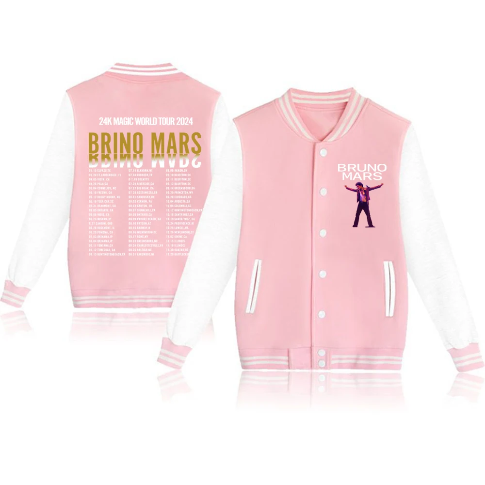 Bruno Mars 24K MAGIC WORLD TOUR 2024 Baseball Uniform Hoodie Casual Fashion Jacket Men's Clothes