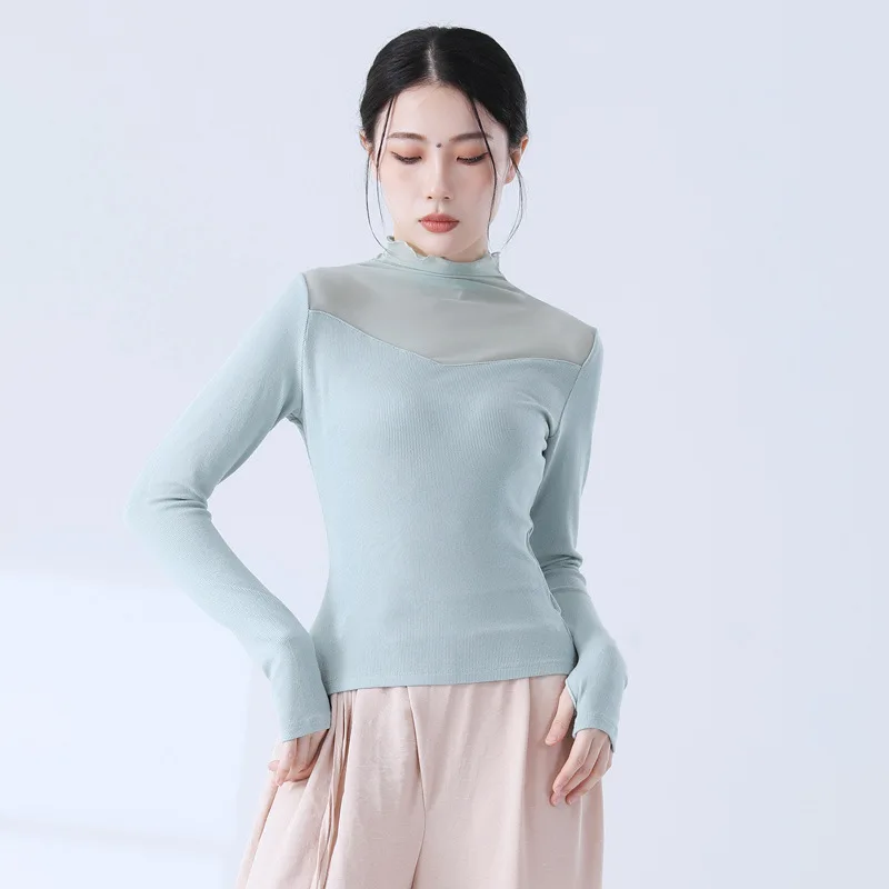 

Women Modern Dance Practice Clothing Mesh High Neck Stylish Costume Finger Sleeves Design Solid Clothes Elegant Pretty Yoga Tops