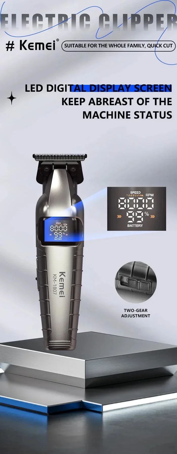 KM-1807 Professioneller Haarschneider von Kome USB Wiederaufladbarer Kabelloser Haarschneider für Männer mit LCD-Display Haarschneidemaschine – Detail 4