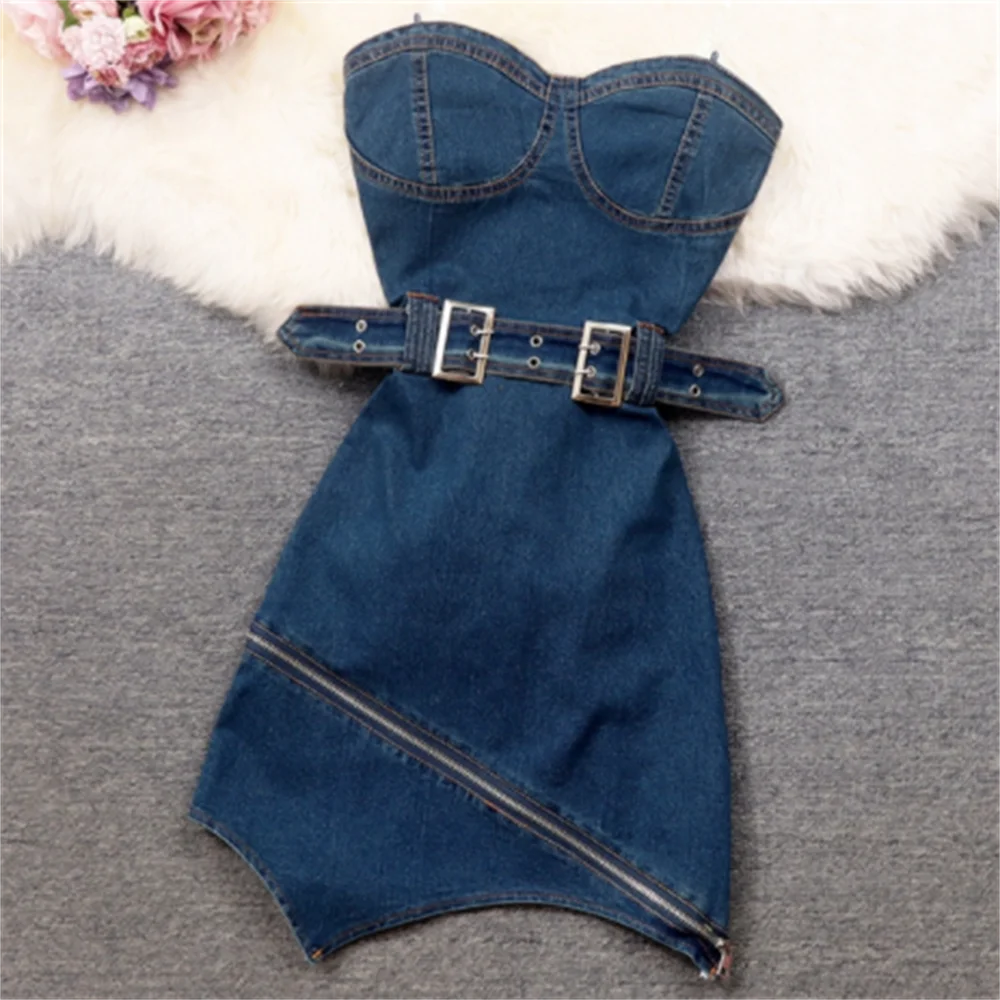 

new belt irregular denim dress women zip strapless jeans