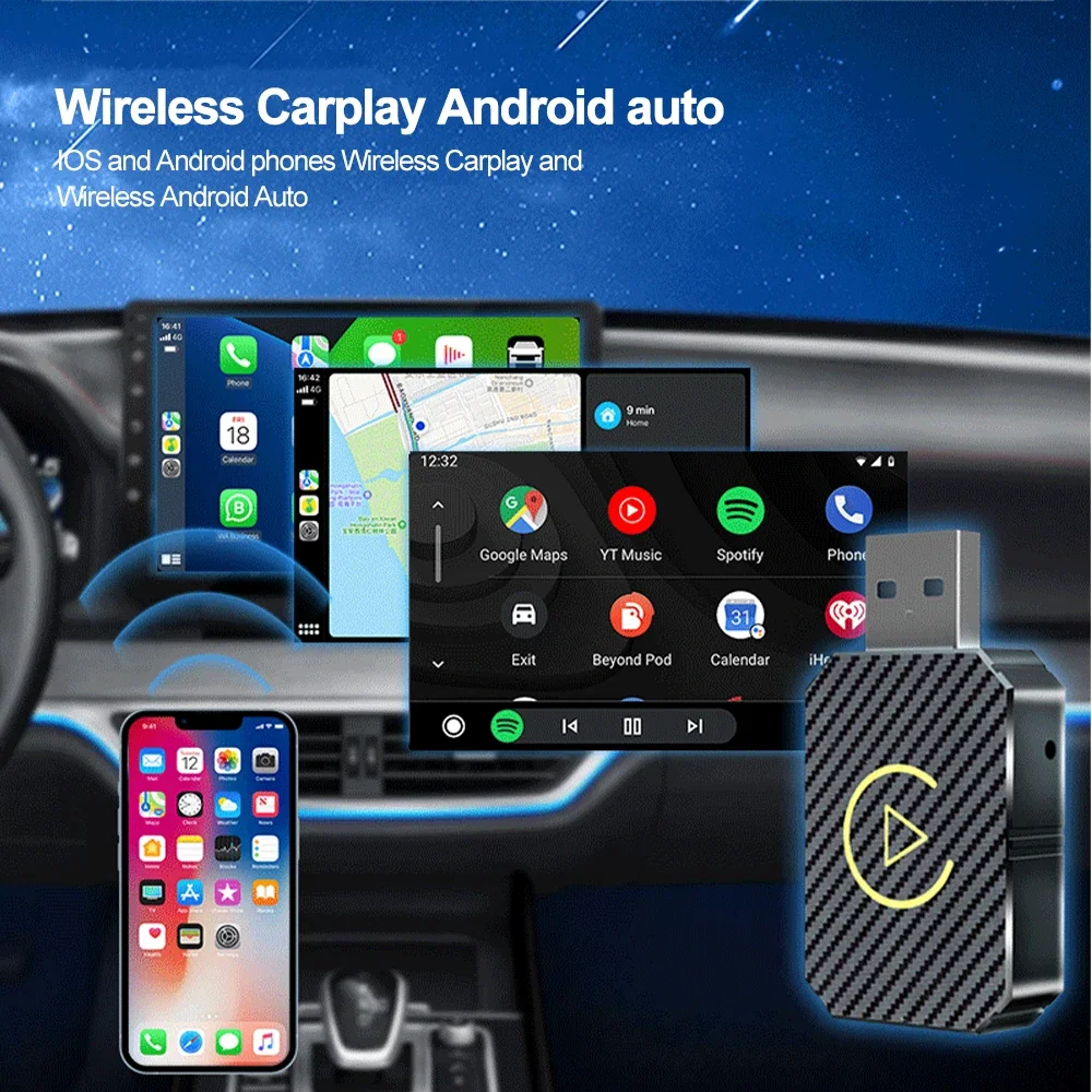 Adattatore wireless CarPlay 2 in 1 e mini adattatore wireless automatico Android, adattatore wireless Carplay Plug & Play WiFi 5Ghz Type-C/USB