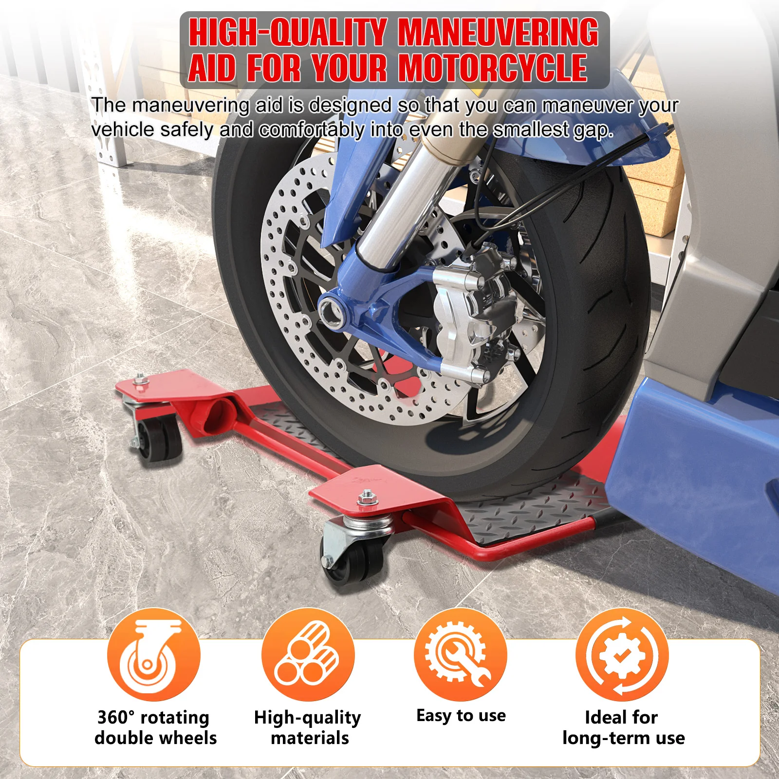 Supporto per manovre in moto, carrello portatile per moto, per parcheggiare in sicurezza e senza sforzo in spazi ristretti. Dimensioni: 56,3 x 43,4 cm. Altezza della piattaforma: 2,5 cm. Distanza da