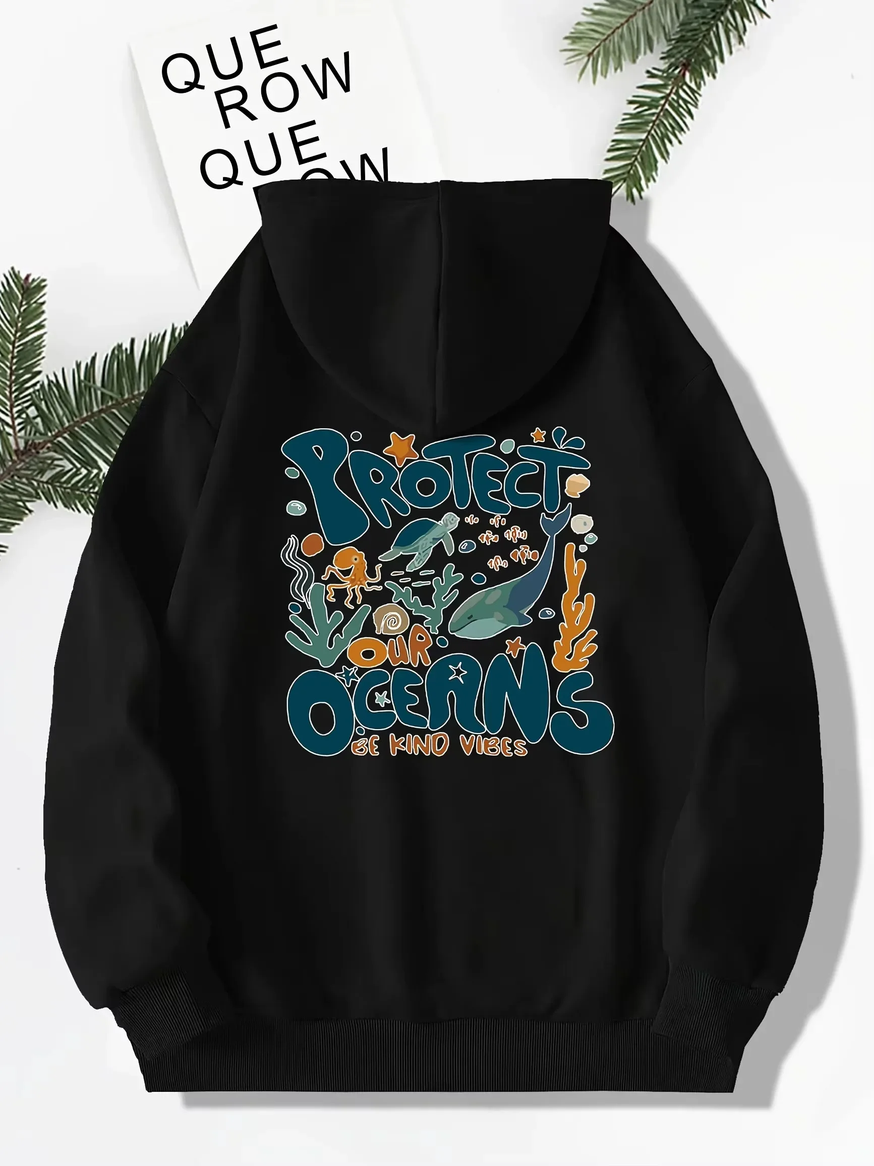 New men's and women's hooded hoodies with pockets for autumn and winter, promoting the protection of the marine environment